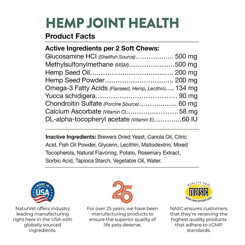 NaturVet Hemp Joint Health Plus Hemp Seed Soft Chews for Dogs