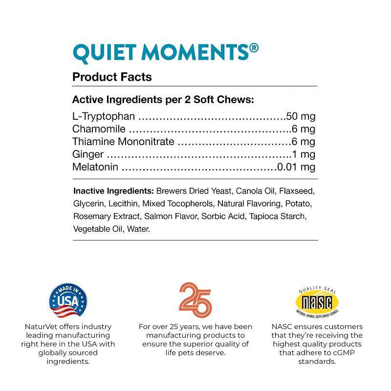 NaturVet Quiet Moments Calming Aid plus Melatonin for Cats, 50 Soft Chews