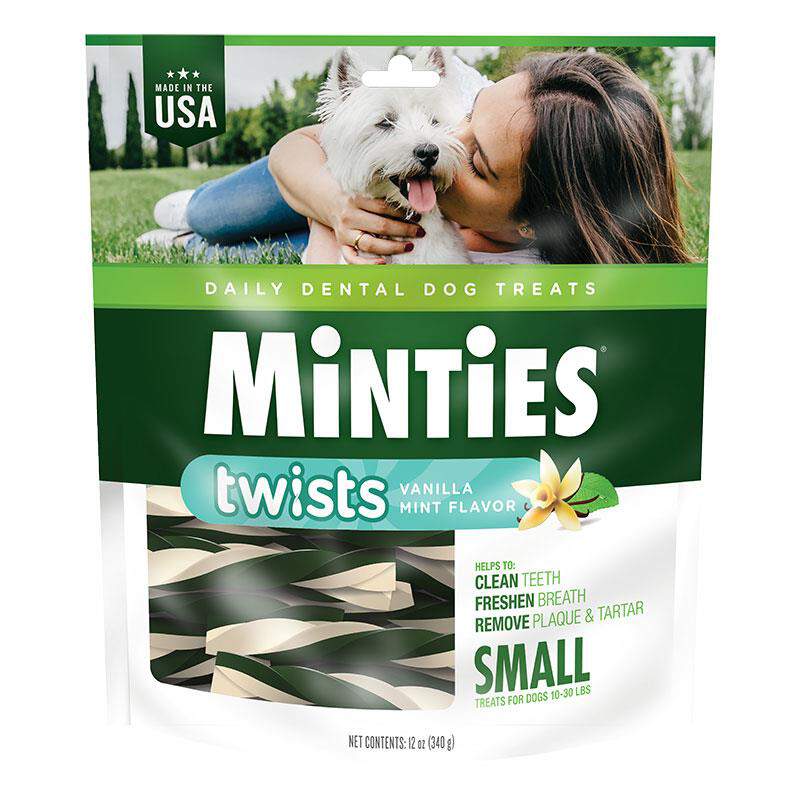 Minties Twists Small Dental Dog Treats for Dogs 10-30 lbs Vanilla Mint Flavor 12 oz