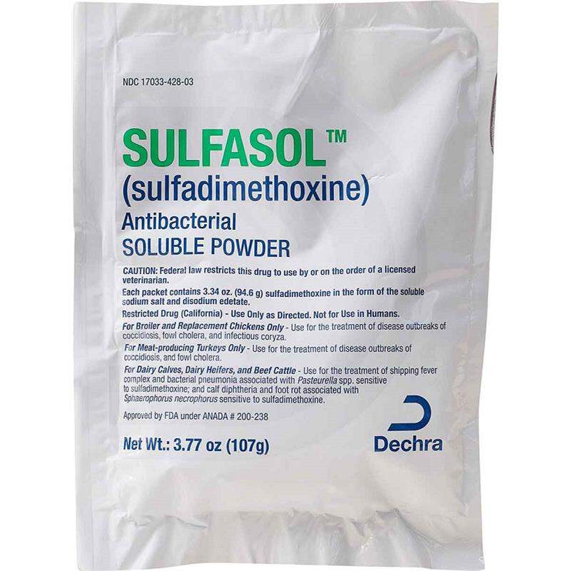 Sulfasol (sulfadimethoxine) Antibacterial Soluble Powder for Livestock, 107 g