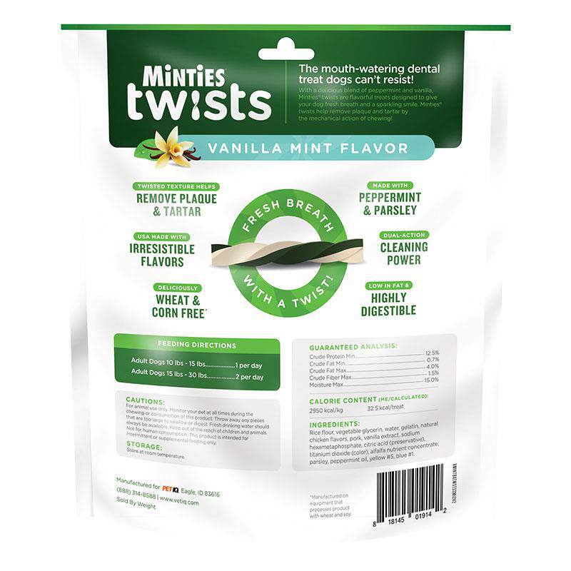Minties Twists Small Dental Dog Treats for Dogs 10-30 lbs Vanilla Mint Flavor 12 oz