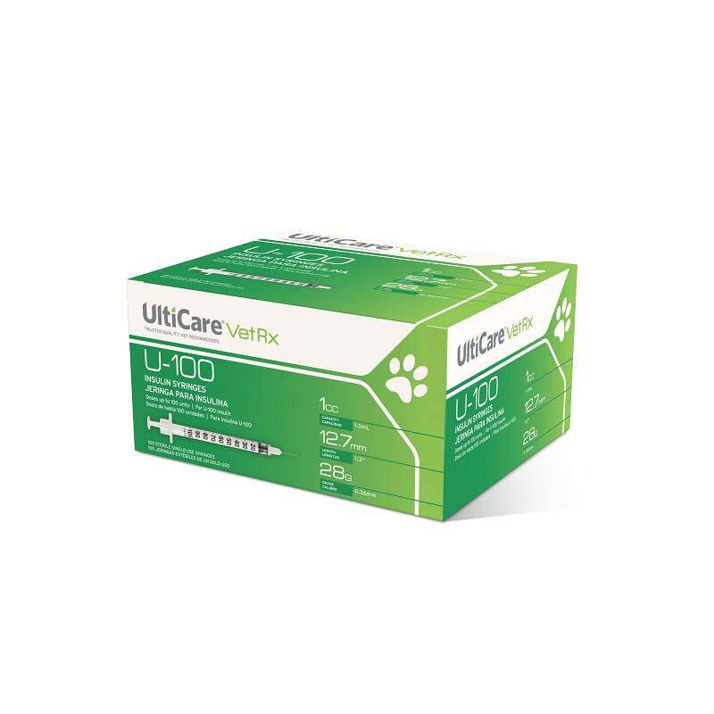 UltiCare VetRx U-100 Insulin Syringes 28g x 1cc, Box of 100 Syringes